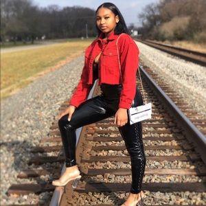 Black leather stretchy pants.